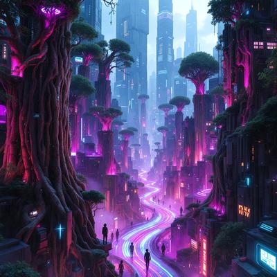 The primary subject of the image is a group of people walking down a purple, neon-lit path in a futuristic city. The setting is a cityscape with tall buildings and trees, creating a unique and vibrant atmosphere. The visual style is a combination of digital art and illustration, giving the scene a surreal and fantastical appearance. The dominant colors are purple and pink, which contribute to the overall mood of the image, which is a mix of futuristic, surreal, and fantastical elements.